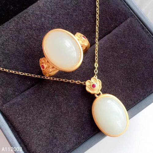 KJJEAXCMY Fine Jewelry 925 sterling silver inlaid natural white jade female ring pendant set classic Support detection