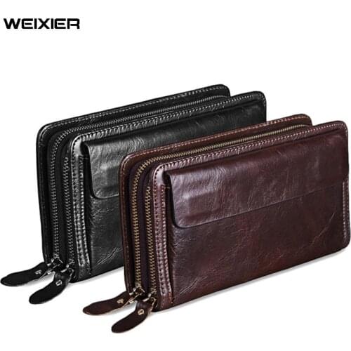 WEIXIER Quality Genuine Leather men Clutch Zippers Card Holder Large Capacity Compartments Long Wallet Leather Clutch for men