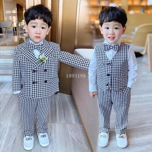 Boys Plaid Double Breasted Suits Set Spring Children Wedding Party Performance Dress Costumes Kids Blazer Vest Pants 3pcs Outfit