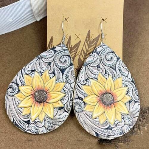 Summer Sunflower Earring Faux Leather Teardrop Gifts Bulk Wholesale Stock Double Side Print
