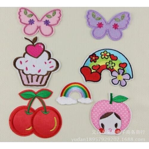 50pcs/lot Embroidery Patches Clothing Decoration Accessories Rainbow Cherry Butterfly Cake Diy Girl Iron Heat Transfer Applique