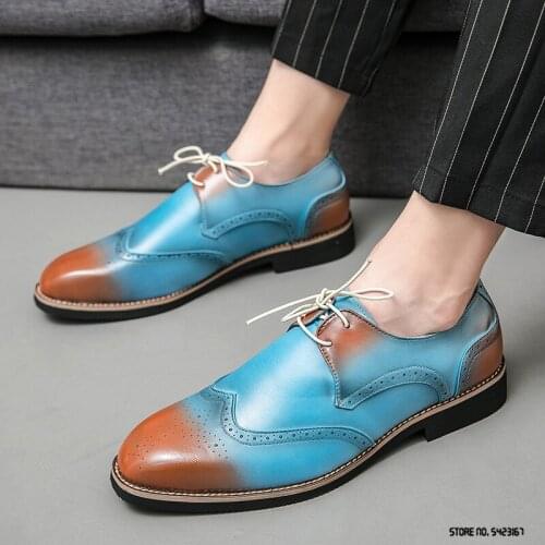 Charming Gentleman Blue With Brwon Brogue For Men New Casual Printed Moccasins Oxfords Wedding Dress Shoes Party Driving Flats
