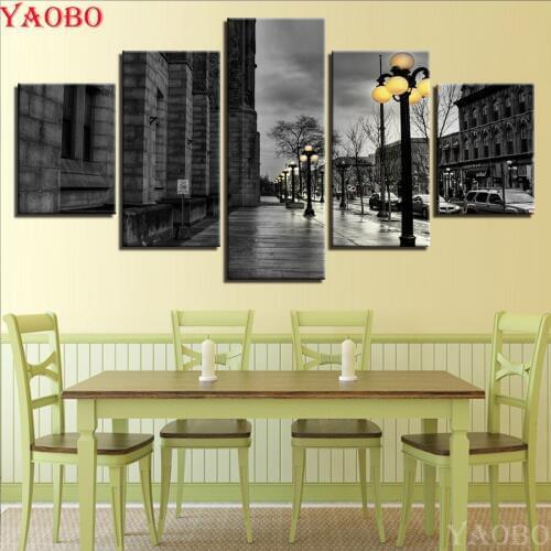 Full Square Round 5D Diy Diamond Painting 5 Pieces Black White London City Streetscape Patterns Embroidery Mosaic Cross Stitch