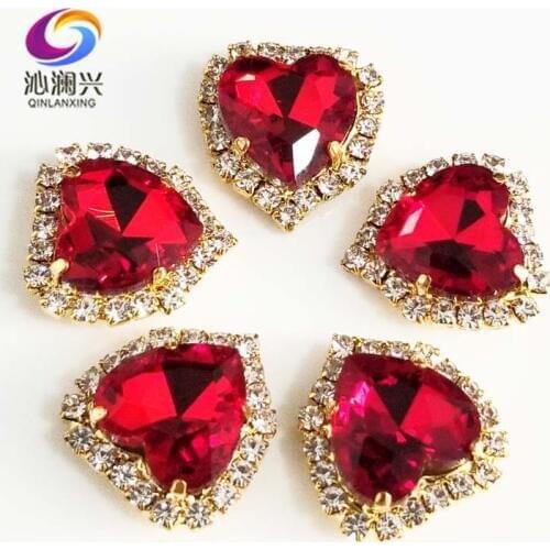 Red heart shape Crystal glass buckle,gold bottom sew on rhinestones for Diy/jewelry accessories 12mm/14mm/18mm 10pcs SWHK07