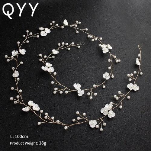 QYY Flower Pearls Handmade Vine Wedding Headbands Hair Jewelry Bridal Hair Accessories Bridesmaids Headpieces Tiaras for Women