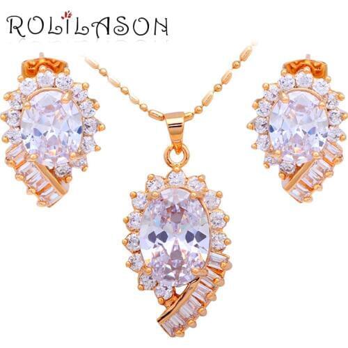 ROLILASON Anniversary Jewelry Shining White Zirconia Gold tone Crystal Stud Earrings Necklace Fashion Jewelry Set JS597