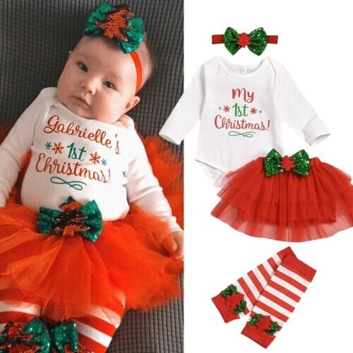 2020 Christmas Baby Girls Clothing Set Toddler Long Sleeve Letter Print Top + Bow Mesh Tutu+ Striped Leg Warmer+ Hairdress 0-24M