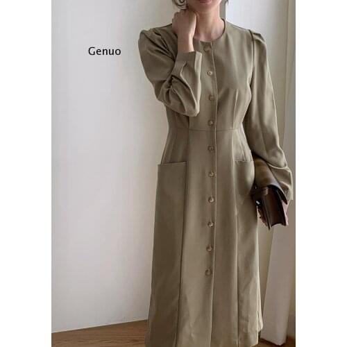 Spring Autumn Fashion Female Button Long Sleeve Vintage Solid Women Casual Slim Shirt Dress