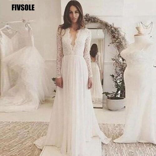 Fivsole Boho Wedding Dress 2021 Long Sleeve Lace Appliques Chiffon Wedding Gown Summer Beach Bride Dress Robe Mariage