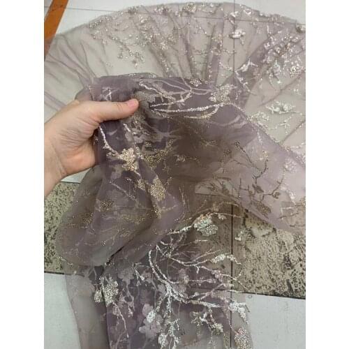Stock fast ship sc01 # 10 yards organdy tulle dusty lotus pink flower glued glitter lace fabric for sawing bridal wedding