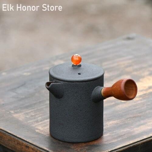 260ml Vintage Balck Coarse Ceramic Teapot Japanese Style Side Wood Handled Teapot Kung Fu Tea Master Cups Teaware Gift Packaging
