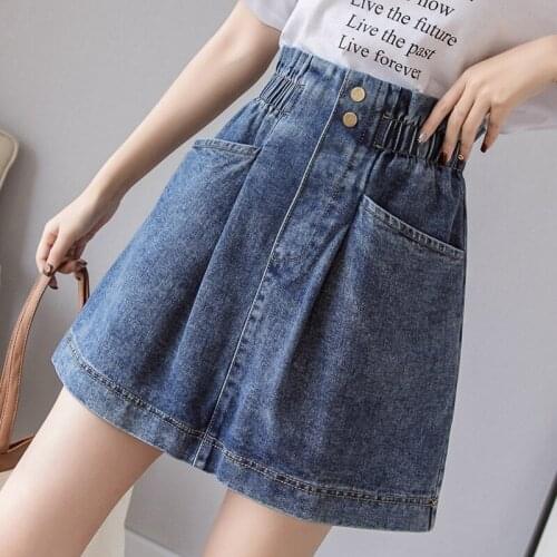 High Waist Summer Fashion Sweet Womens Denim Short Skirts Casual Streetwear Elastic Waist Pockets Female A-Line Skirts Big Size
