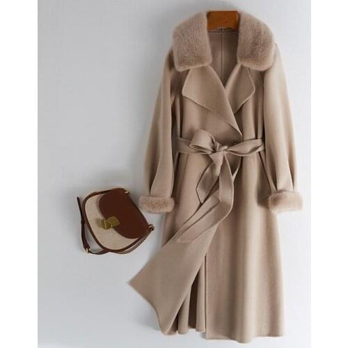 Fashion Super Quality 100%Real Wool Female Jacket Mink Fur Collar Womens Coats Double-sided Woolen Cloth Mujer Chaqueta Zjt1471