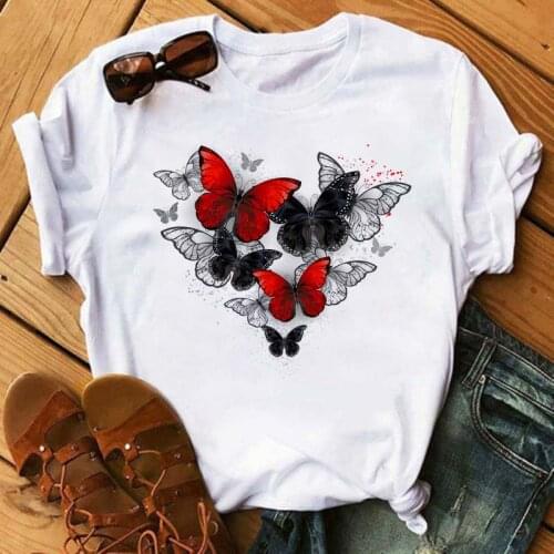 Women Butterfly Floral Graphic Printed Cute Summer Trend Casual Fashion Print Female Clothes 90s Girls Tops Tees Tshirt T-Shirts