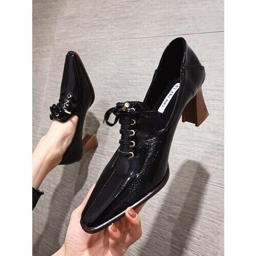 Womens shoes leather shoes 2021 spring new fashion casual lace up bright leather high heels