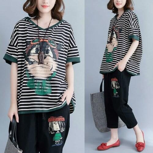 PIPIMOTHER Women Loose Casual Short Sleeve T-shirt Large Size Striped T-shirt