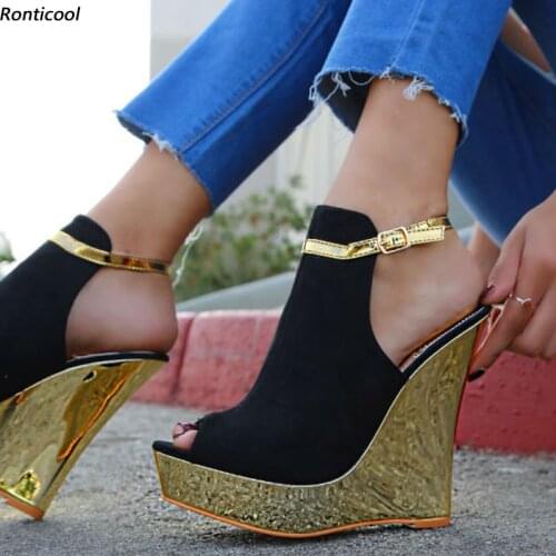 Ronticool New Handmade Women Ankle Strap Sandals Wedges Heel Peep Toe Gorgeous Gold Silver Party Shoes Women US Plus Size 5-20