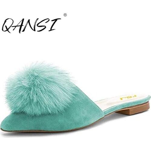 Customization Women Fashion Plush Flats Shoes Casual Point Toe Slippers Color Slip on Pom Pom Shoes Mules Womens 2021 Summer