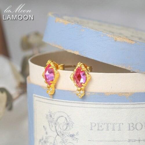 LAMOON Vingate Princess Earring For Women 925 Sterling Silver Stud Earring Synthetic Corundum 14K Gold Plated Fine Jewelry EI123