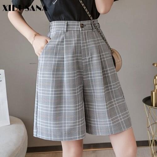 S-3XL Sashes Booty Shorts High Waist Summer Vintage Plaid Wide Leg Suits Short Women Elegant All Match Straight Belt Shorts Girl