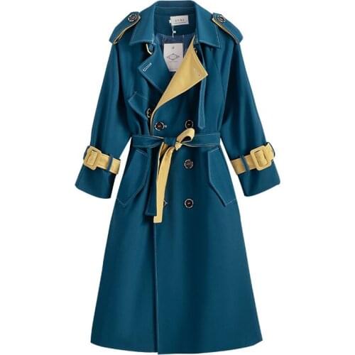 Spring and Autumn Casual Dark Green Trench Coat for Women Long Sleeve Loose Double Breasted Trench Long Windbreaker