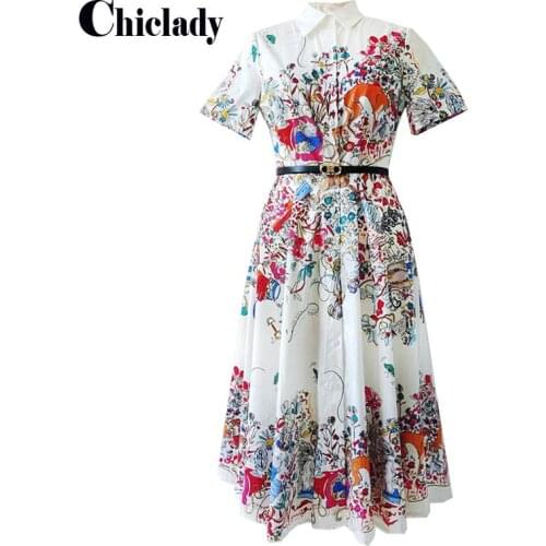 CHICLADY flower printed turn down collar midi dress women single breasted elegant office lady A-line dresses with belt vestidos