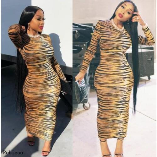 Rebicoo fashion commuting style dresses long sleeve round neck printed dresses colorful tight ankle-length long dresses