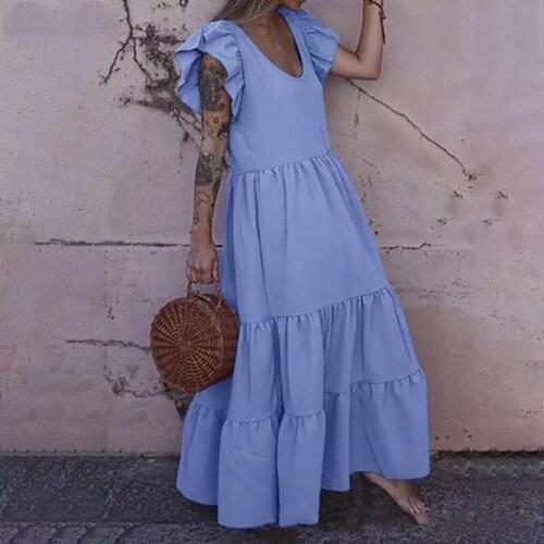 2021 Summer Ladies Casual Dress Ruffle Short Sleeve Pure Color Elegant Party Dress Casual Loose Large Size Pleated Long Skirt