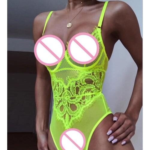 Womens Sexy Lingerie Fluorescent Color Lace Bobysuit Sleepwear Hollow Out One Piece Fishnet Underwear lenceria talla grande 00