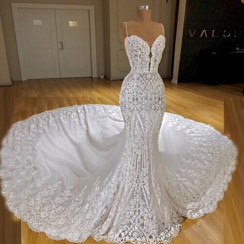 Spaghetti Straps Mermaid Lace Court Women White Wedding Dresses 2020 Luxury Zipper Back Bridal Gown vestidos de novia Customized