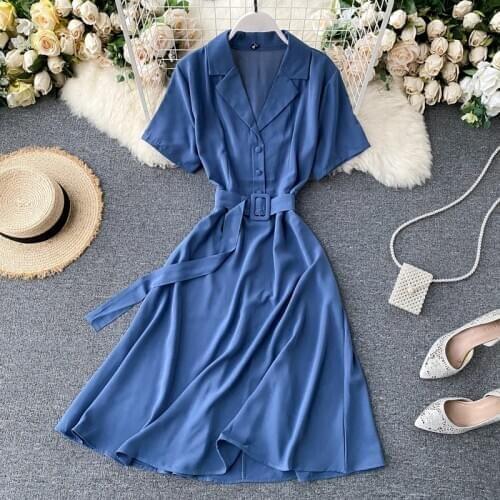 Vintage 2021 notched neck slim Summer Midi long bandage Dress vestido de festa Women Party office tunic elegant a-line dress