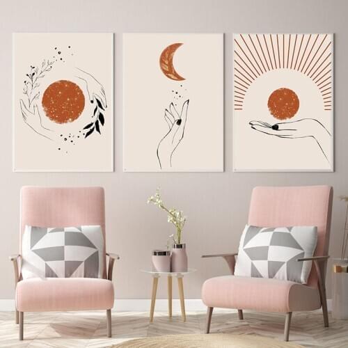 Abstract Sun and Moon Terracotta Canvas Painting Mid Century Modern Wall Art Pictures Boho Style Prints Living Room Home Decor