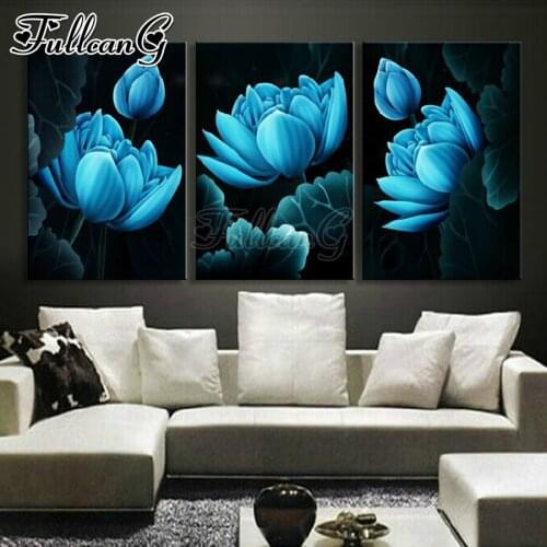 FULLCANG 5d diy diamond embroidery sale Blue white lotus flower diamond painting triptych full square round drill decor FC3324