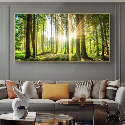 Sunshine and Green Tree Art Canvas Painting Natural Forest Landscape Posters and Prints Wall Art Picture for Living Room Decor