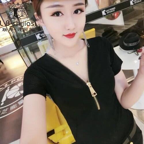 Summer Mesh Short-Sleeved V-neck T-shirt Womens Lace Zipper Top