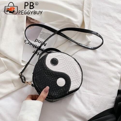 Fashion Women Tai Chi Messenger Bags Small PU Leather Round Shoulder Bags Ladies Contrast Color Crossbody Bags