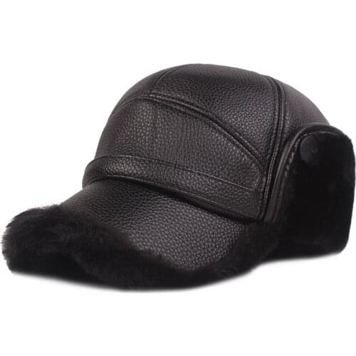 Fibonacci 2019 New Classic mens winter hat warm ear protection plus velvet thick middle aged elderly leather baseball cap