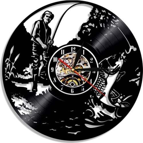 Fishing Sign Fish Rod Hook Vinyl Record Wall Clock Modern Design Home Decor Wall Watch Retro Album Timepiece Art Fishermen Gift