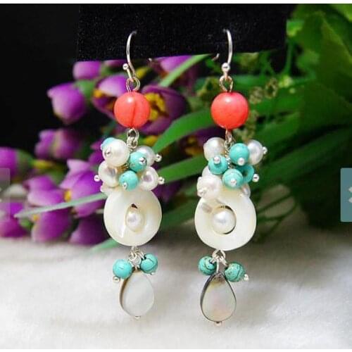 New Arrival Favorite Pearl Earring Multicolor Coral Turquoise Genuine Freshwater Pearl Bridesmaid Gift Dangle Earring Women Gift