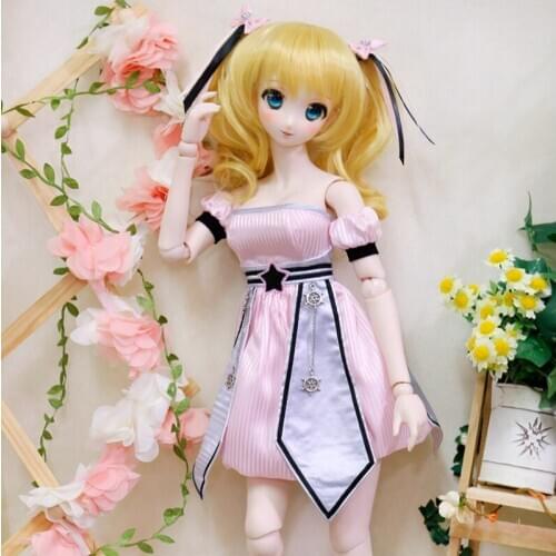 BJD Doll Clothes Pink striped skirt puff sleeve Off Shoulder sweet dress 4PCS DDM/DDL 1/3 1/4 Doll Accessories