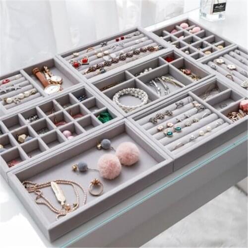 Jewelry Organizer Tray Display Holder Stand Bracelet Necklace Ring Storage Box Grey Showcase Drawer