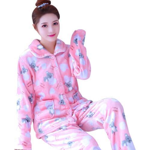 H5865 Sleepwear Female Winter Long Sleeve Pajamas Thickened Flannel Home Clothing Coral Fleece Lovely Cartoon Print Nightwear
