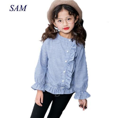 Big girls fashion pearl button shirt childrens stand-collar waist long-sleeved shirts kids Vertical strip tatt placket tops