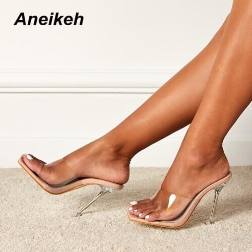 Aneikeh Summer PVC Sandals Women Pumps Shoes 35-42 Concise Pointed Toe Retro Thin High Heels Slippers Zapatos De Mujer 2021 NEW