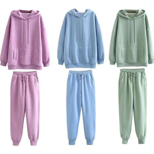 Warm Trendy Hooded Thick Sweatshirt Pants Set Cold Resistant Women Outfit Elastic Waist for Party