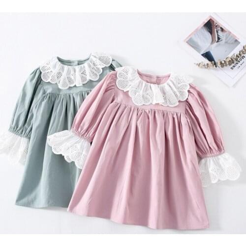 Spring Autumn Girls Dress New Flare-Sleeve Solid Color Lace Collar Loose Dress Korea Cute Kids Clothes Princess Dress