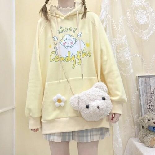 Deeptown Kawaii Swaetshirt Women Spring 2021 Fashion Hoodies Women Plus Size Long Sleeve Cartoon Print Warm Cute Loose Pullover