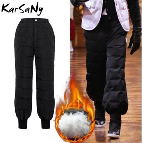 KarSaNy Winter Down Pants Women Warm Trousers With High Waist Loose White Duck Down Trousers Women Winter Pants Plus Size Blue