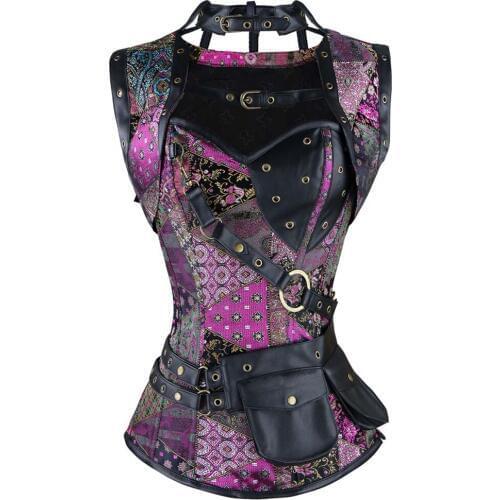 Womens Plus Size Retro Gothic Steampunk Corset Spiral Steel Boned Corset Brocade Bustiers and Corsets with Pouch Belt