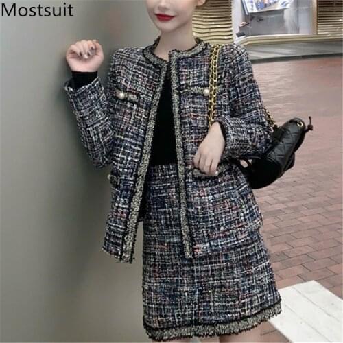 Vintage Elegant Tweed Two Piece Skirt Sets Outfits 2020 Winter Coat + A-line Skirt Suits Korean Ladies Fashion Female Sets Femme